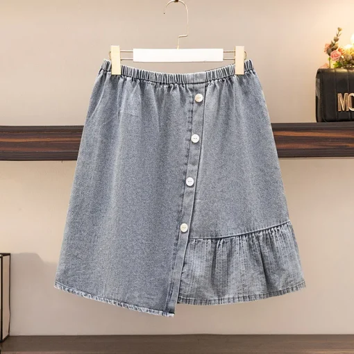 Plus Size Women's High Waist Pleated A-Line Denim Skirt