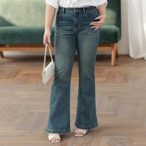 Vintage Blue Washed Plus Size Slim Fit Denim Flare Pants
