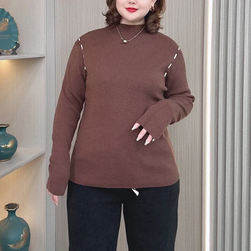 Plus Size Mock Neck Knit Sweater for Women Autumn Winter - Image 2