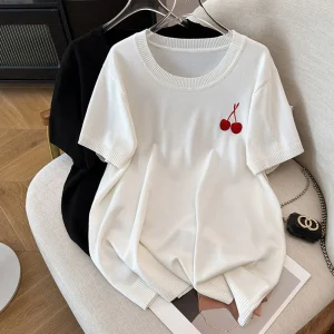 Plus Size Women's Summer Loose Ice Silk Cherry T-shirt