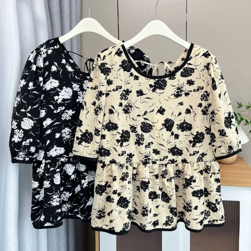 Plus Size Floral Puff Sleeve Sweet Fashion Blouse - Image 2