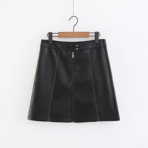 High Waist Black PU Leather Zipper Skirt