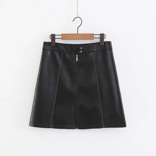 High Waist Black PU Leather Zipper Skirt