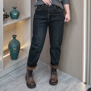 Plus Size Women’s Fleece-lined High Waist Denim Harem Pants