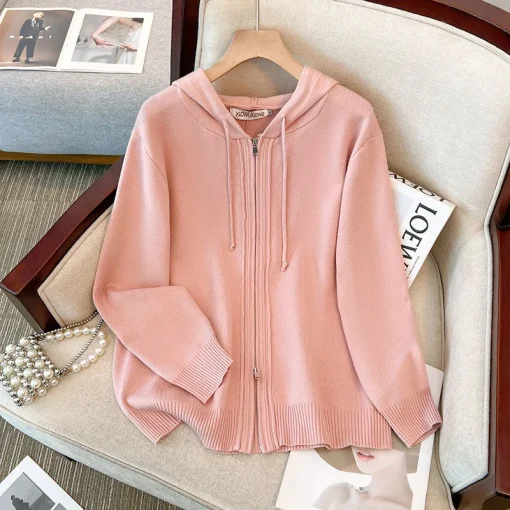 Plus Size Spring Autumn Winter Hooded Double Zipper Knitted Sweater - Image 4