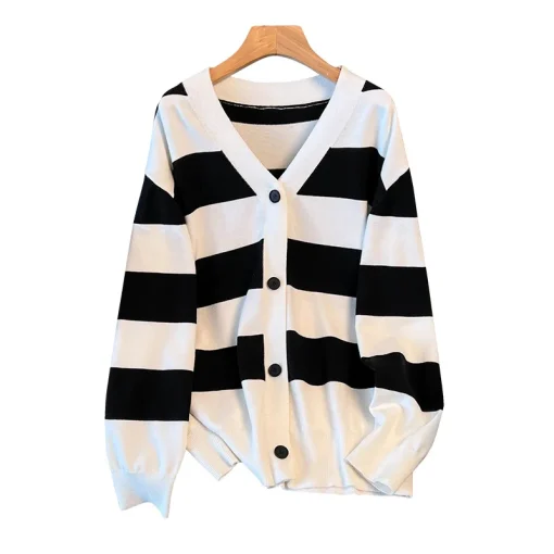 Plus Size Women's V-Neck Striped Cardigan Sweater Jacket - Image 6