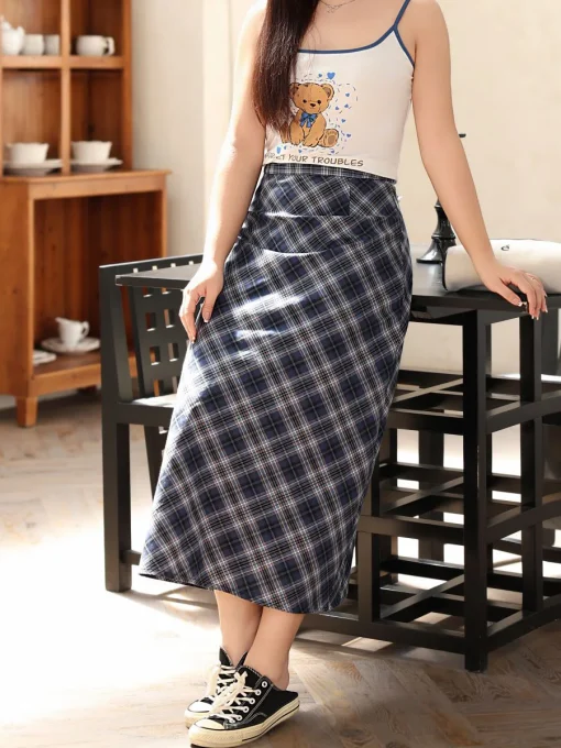 Blue Plaid Back Slit Long Skirt for Women - Image 4