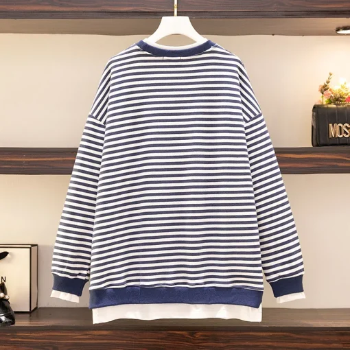 Plus Size Loose Striped Fake Two-Piece Long-Sleeve Sweatshirt - Image 3