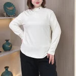 Plus Size Women's Velvet Mock Neck Embroidered Long Sleeve Top