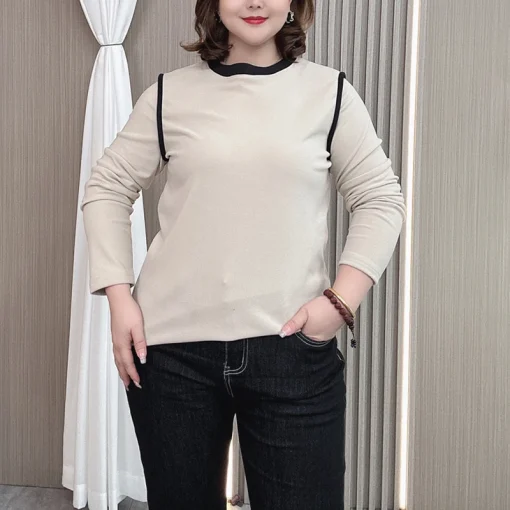 Plus Size Long Sleeve Velvet Block Color Casual Top - Image 3