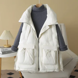 Plus Size Loose Down Vest with Two-Way Zipper and Drawstring