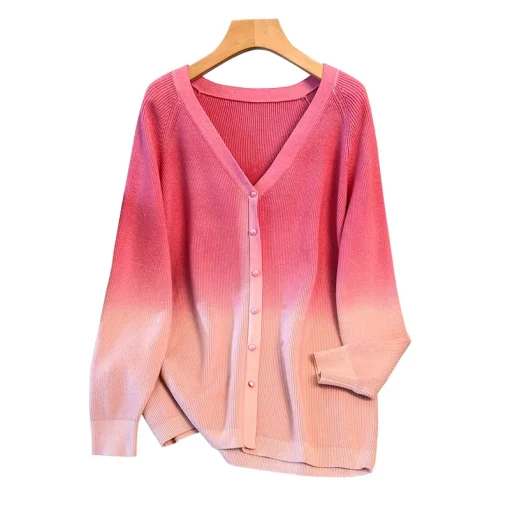 Plus Size Spring Autumn Winter Loose V-Neck Gradient Cardigan - Image 6