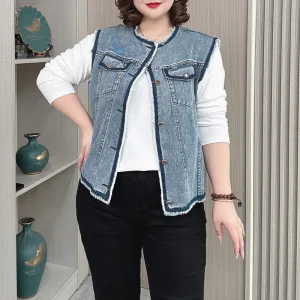Plus Size Fall Denim Waistcoat Sleeveless Casual Jacket