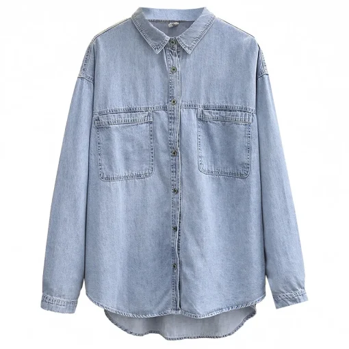 Plus Size Denim Shirt Women Asymmetrical Loose Long Top