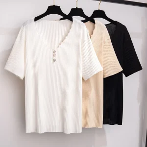 Plus Size Women's Loose Ice Silk V-Neck Knit Top
