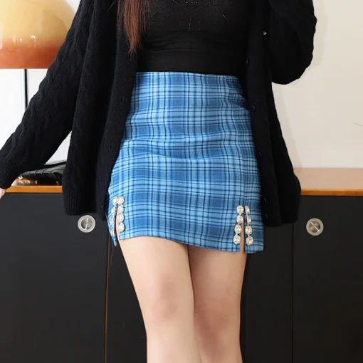 Women's Diamond Slit Plaid High Waist Mini Skirt, Plus Size