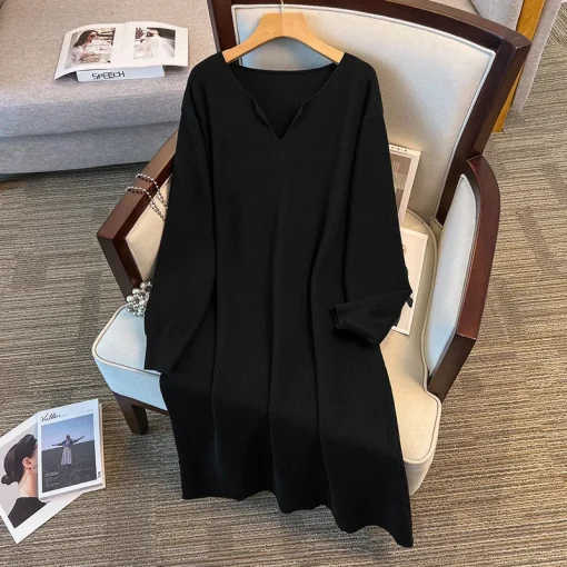 Plus Size Loose Long V-Neck Sweater Dress for Women - Image 4