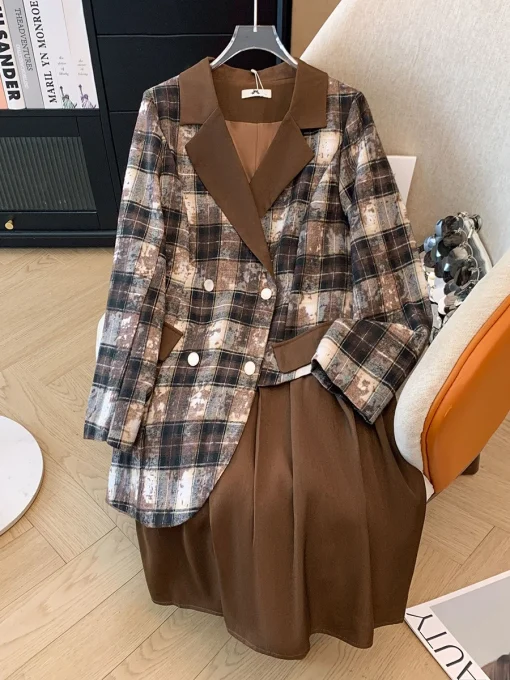 Plus Size Autumn Loose Notched Fake Two-Piece Plaid Dress