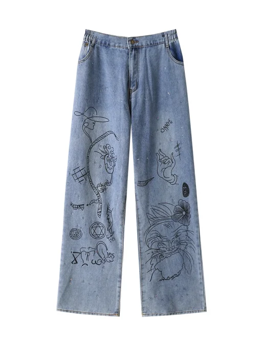 Plus Size Loose Street Style Printed Straight Leg Jeans - Image 6