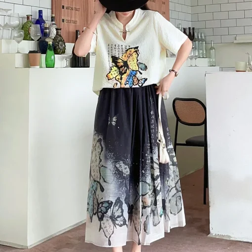 Plus Size Women's Summer Retro Chinese Style T-Shirt Skirt Set - Image 5