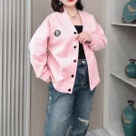 Plus Size Vintage V-Neck Hoodie Cardigan Baseball Jacket