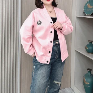 Plus Size Vintage V-Neck Hoodie Cardigan Baseball Jacket