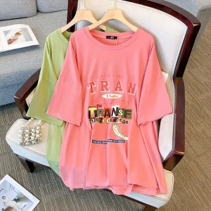 Plus Size Loose Letter Print Round Neck Short Sleeve T-Shirt