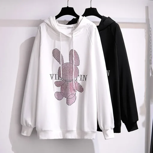 Plus Size Loose Fleece Cartoon Hooded Sweatshirt for Women - Image 3