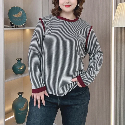 Plus Size Women’s Autumn Winter Block Color Stripes T-Shirt - Image 5