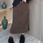 Plus Size Women’s Autumn Winter Loose Slit Elastic Waist Skirt