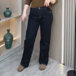 Plus Size Women's High Waist Fleece Jeans Slim Straight Pants