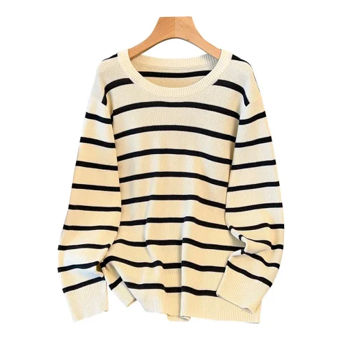 Plus Size Women's Loose Long Sleeve Striped Knitted Sweater - Image 6