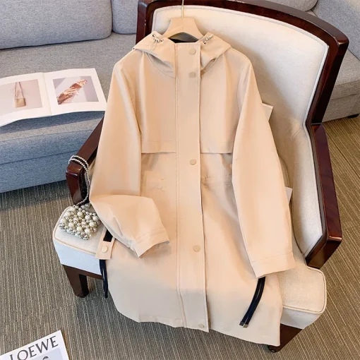 Plus Size Spring Autumn Mid-Long Hooded Trench Coat - Image 3