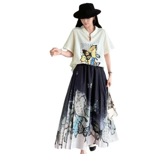 Plus Size Women's Summer Retro Chinese Style T-Shirt Skirt Set - Image 6