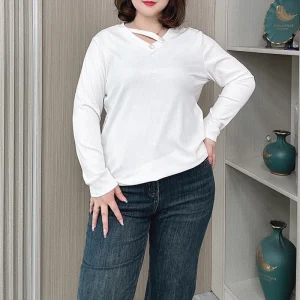 Women's Plus Size V-Neck Long Sleeve Loose T-Shirt