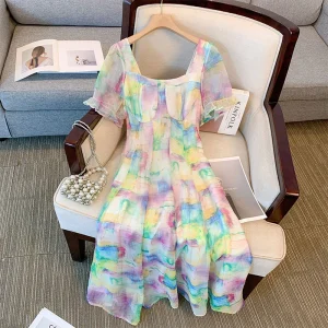 Plus Size Women's Loose French Style Rainbow Tie-Dye Dress