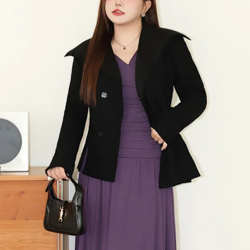 Lapel 100% Sheep Wool Coat Women Plus Size Slim Jacket - Image 4