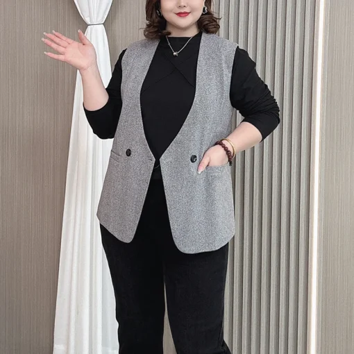 Plus Size Woolen Double-Breasted Slim Fit Vest Coat - Image 2