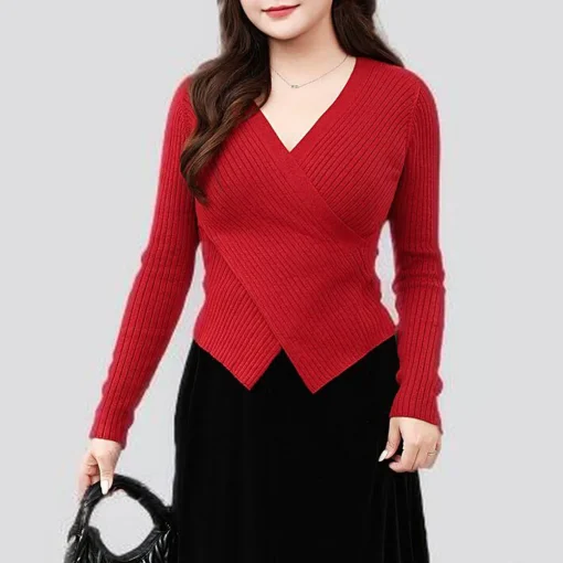 Women’s V-Neck Cross Knitted Pullover Sweater, Plus Size