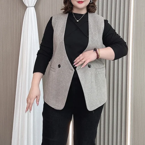 Plus Size Woolen Double-Breasted Slim Fit Vest Coat - Image 5