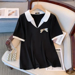 Plus Size Women's Loose Black Polo Bow T-shirt