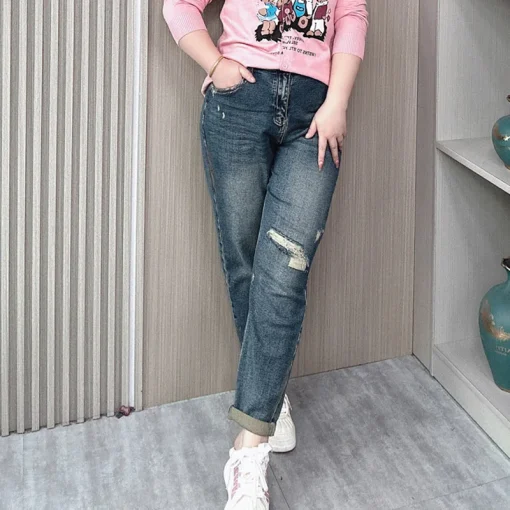 Plus Size High Waist Ripped Denim Harem Jeans - Image 3