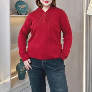 Plus Size Women's Red Hooded Long Sleeve Sweater Pullover