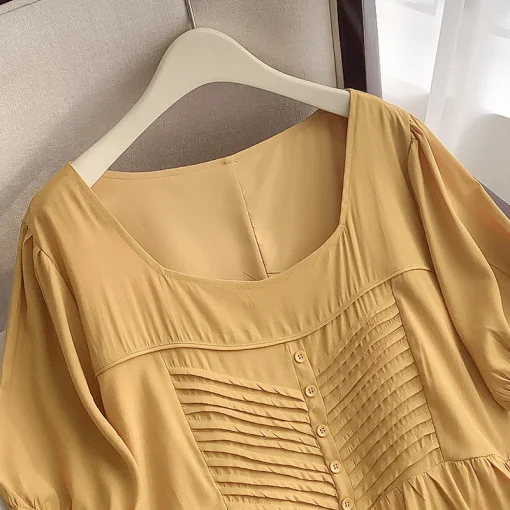 Plus Size Women's Loose Yellow Square Neck Summer Dress - Image 4