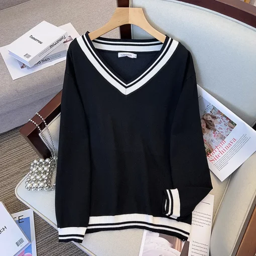 Plus Size V-Neck Striped Knit Loose Pullover Sweater - Image 4