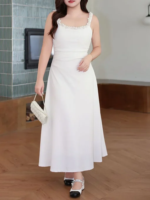 Women's Square Collar Slim Waist Dress, Elegant Shoulder Strap Plus Size - Image 2