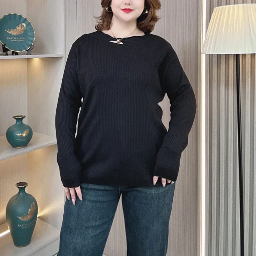 Plus Size Women’s Hollow Neck Knit Pullover Sweater - Image 3