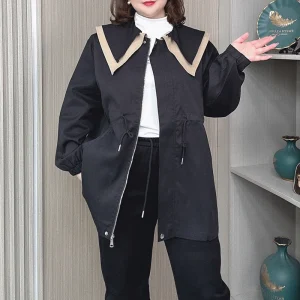 Women's Plus Size Mid-Length Trench Coat with Sailor Collar