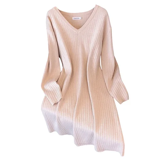 Plus Size Spring Autumn Winter Loose Long V-Neck Sweater Dress - Image 6