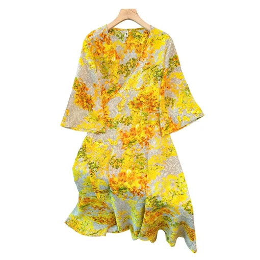 Plus Size Women's Loose Romantic Yellow Floral Beach Dress - Image 6